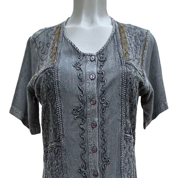 Lola P Boho Midi Dress Women's Small Gray Button Front Embroidered Bric a Brac - Picture 8 of 10